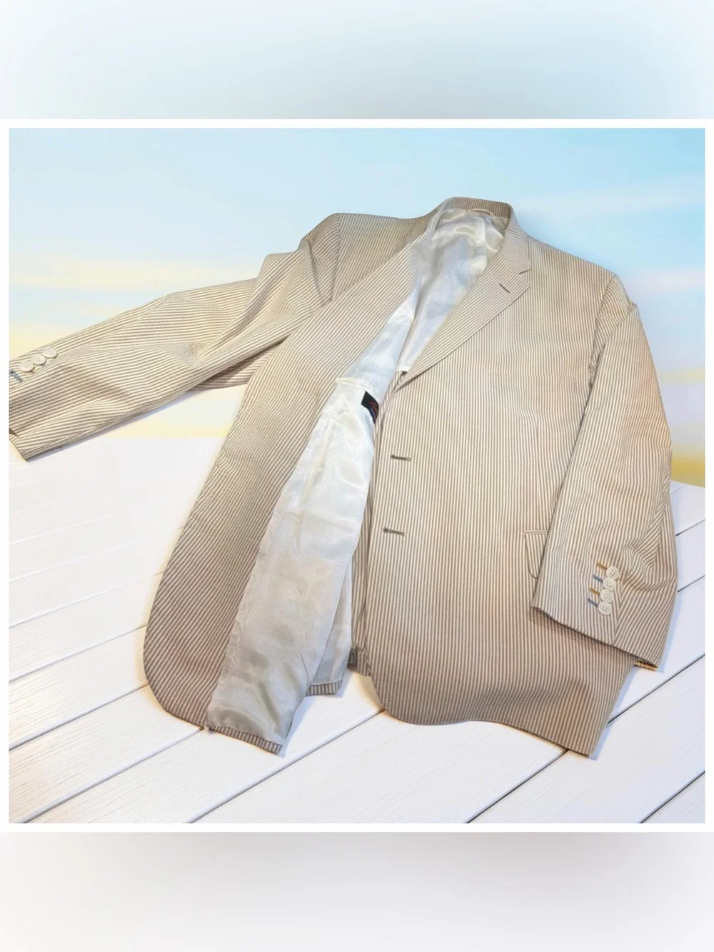 Tom James Inocente Summer Lightweight Seersucker Suit | Tan & Cream | Classic